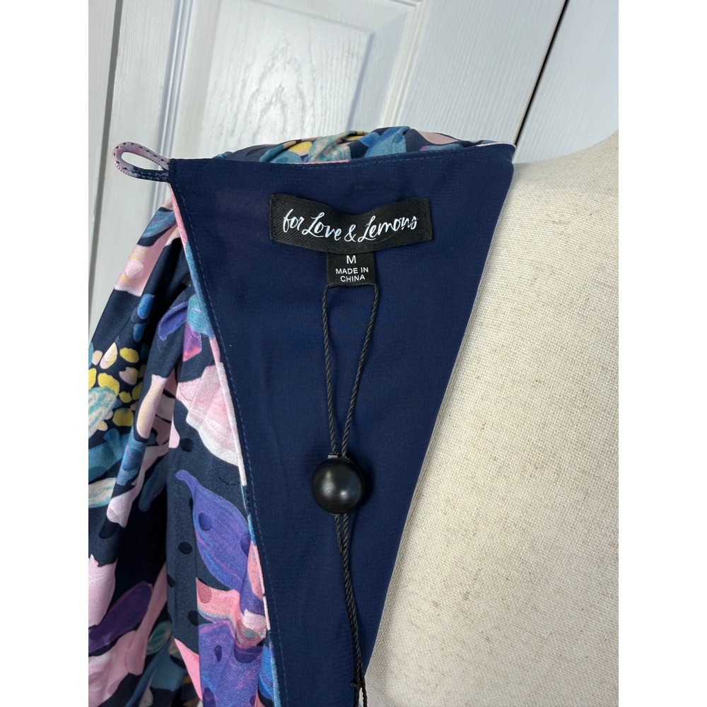 NWT For Love & Lemons Victoria Satin Floral Midi Dress Navy Pink Long Sleeve M - Picture 12 of 13